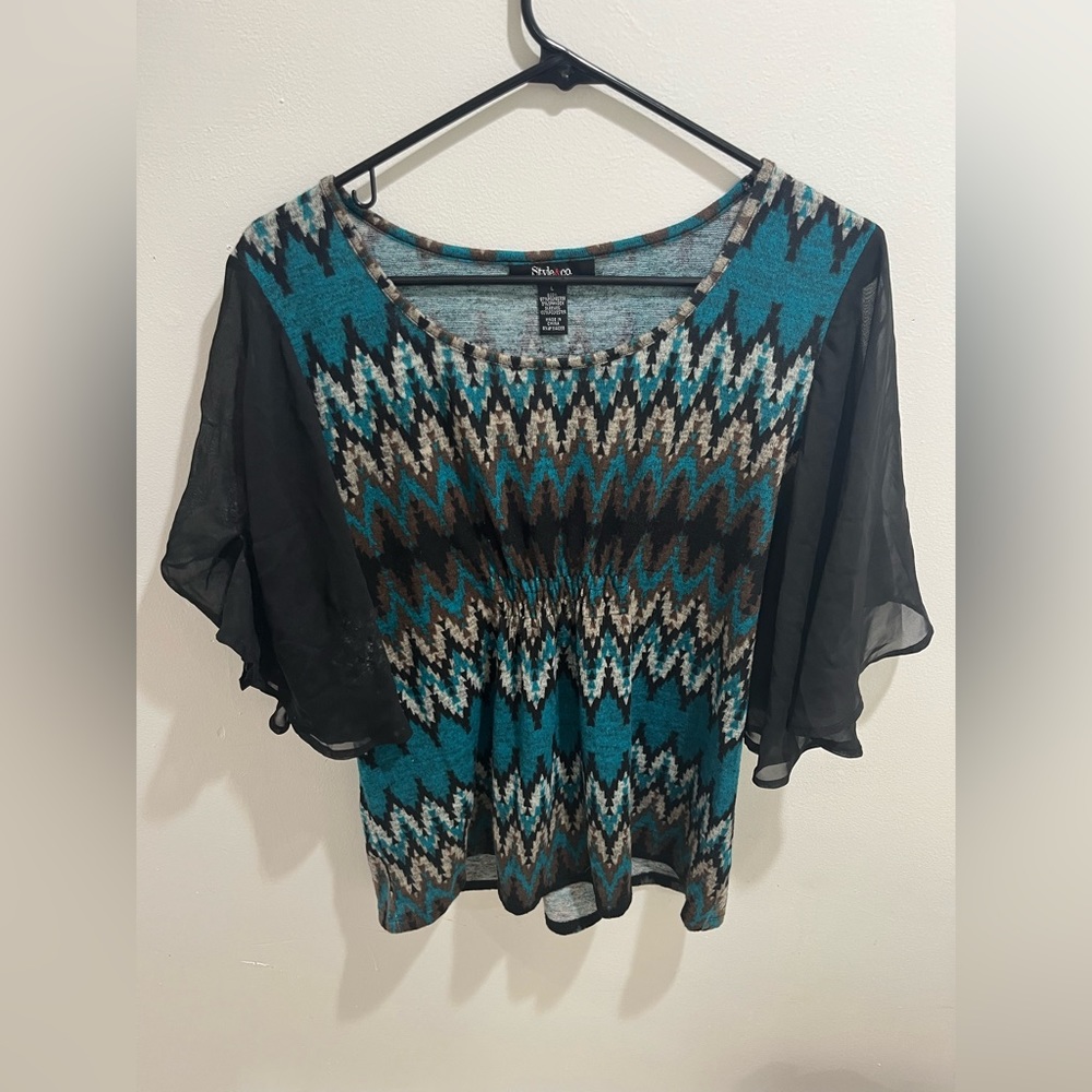 Style&co Teal/multicolor pattern blouse. Women’s large.